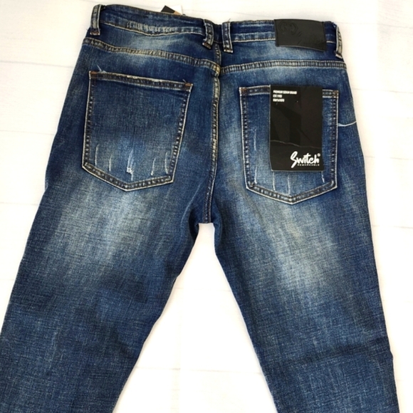 Men's Vintage Blue Wash Distressed Denim Jeans - Skinny Fit - Picture 9 of 11